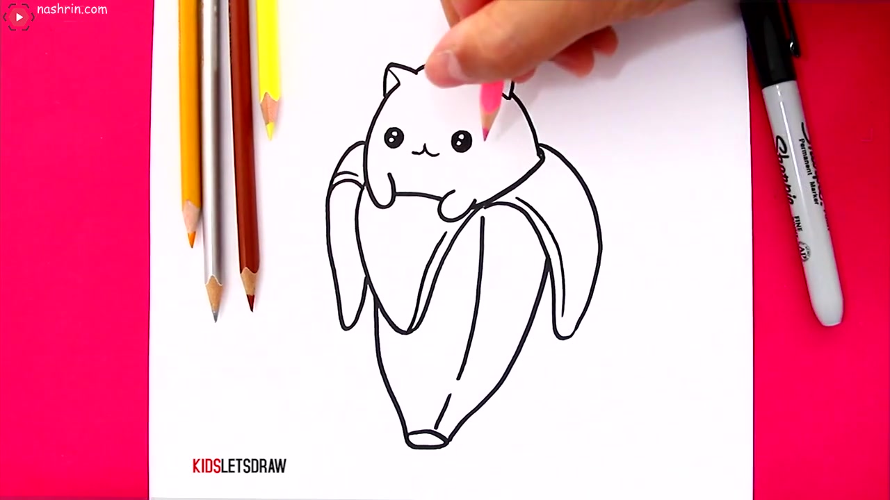آموزش نقاشی به کودکان - گربه بامزه با رنگ آمیزی